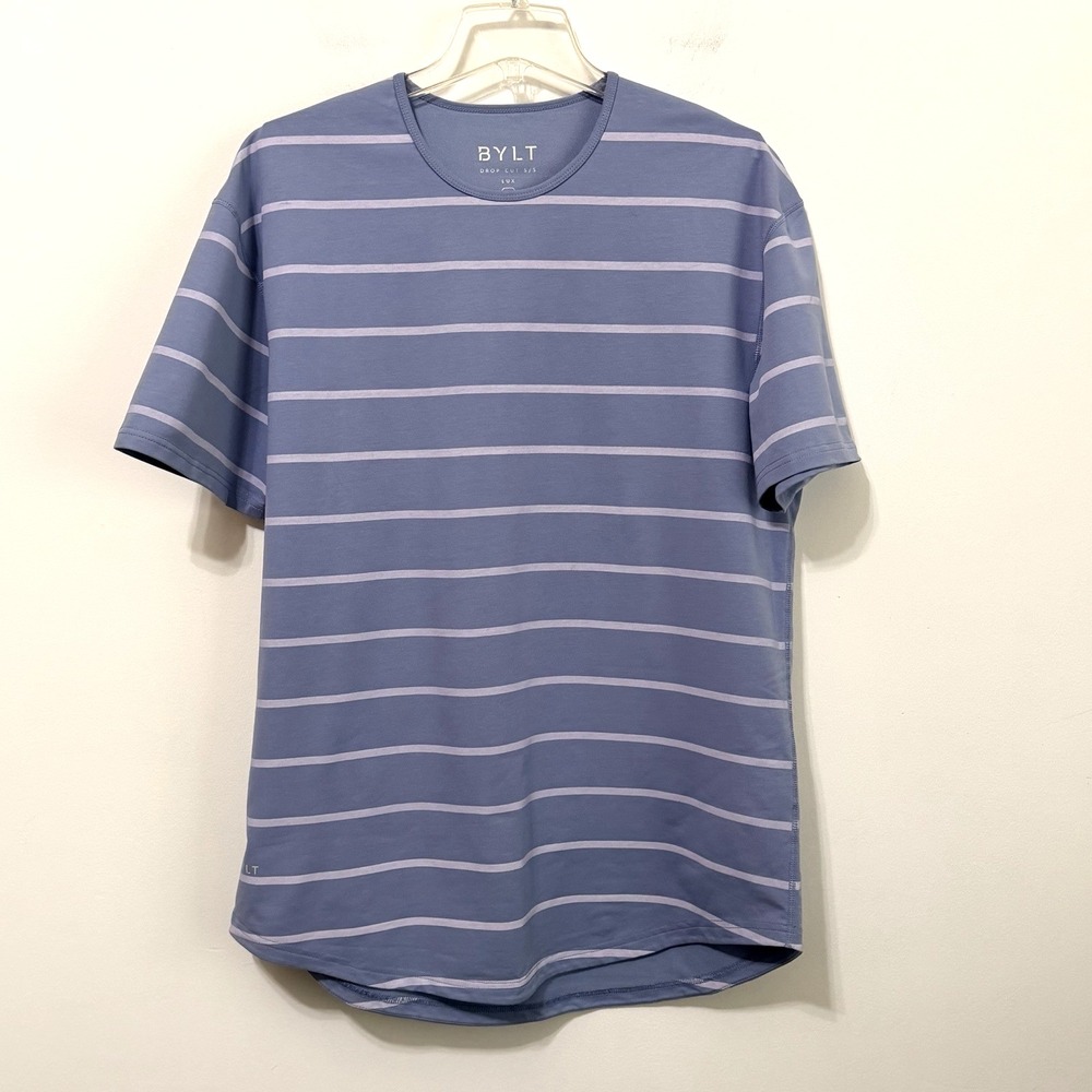BYLT Mens Tee XL Lux Drop Cut Signature Short Sleeve Crew Neck Blue Stripe Shirt